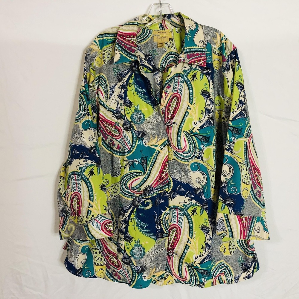 Investments Shirt Womens 24W Paisley Non-Iron Button‎ Front Cotton Green Blue